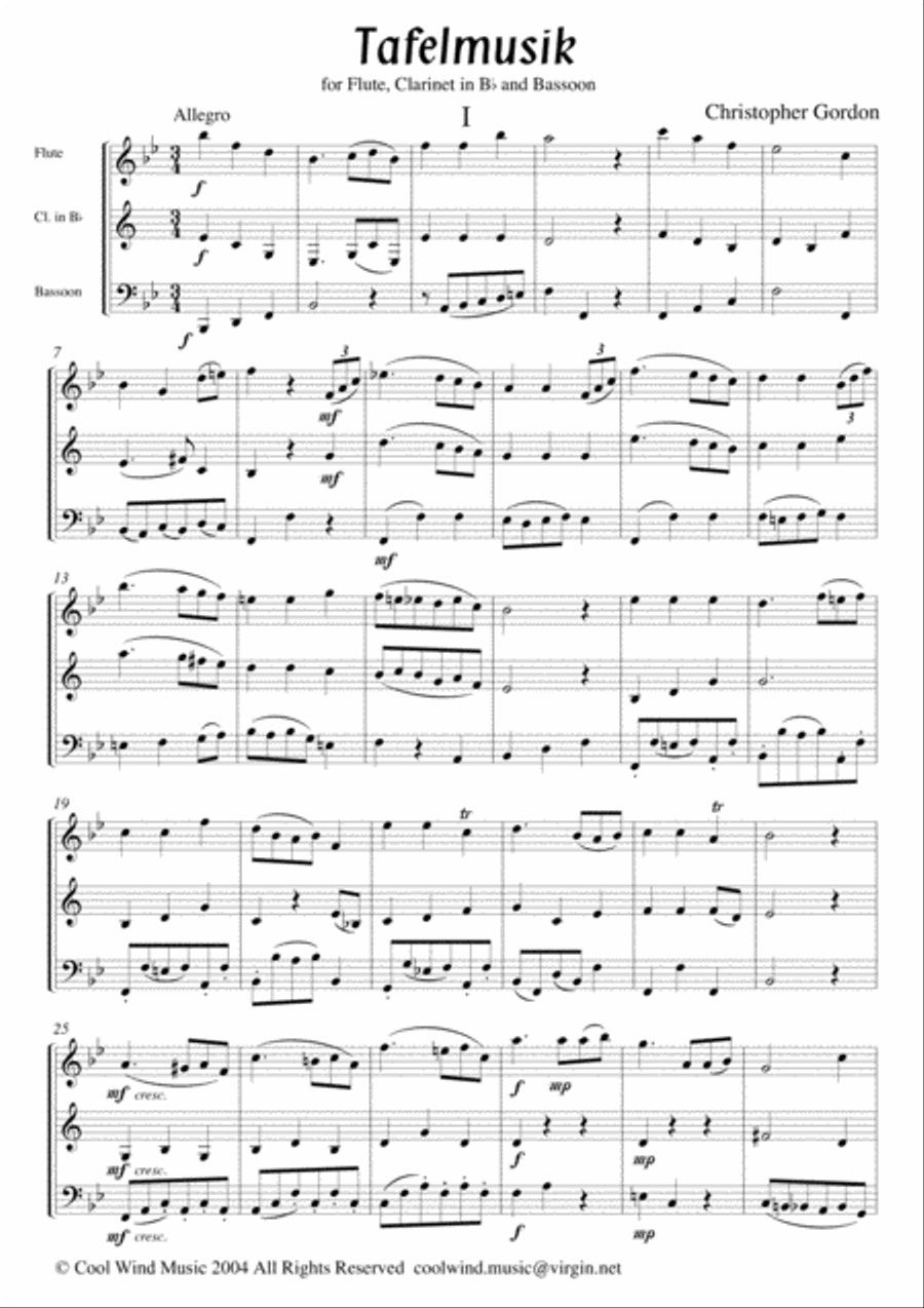 Tafelmusik (for Flute/Oboe, Clarinet in B flat and Bassoon) Woodwind Trio scores gallery preview page 1