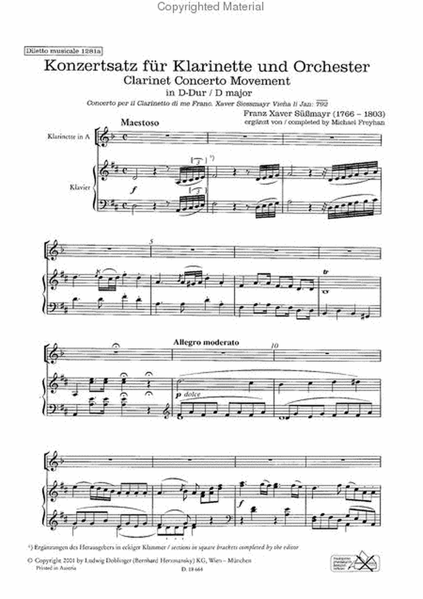 Konzertsatz fur Klarinette und Orchester in D-Dur