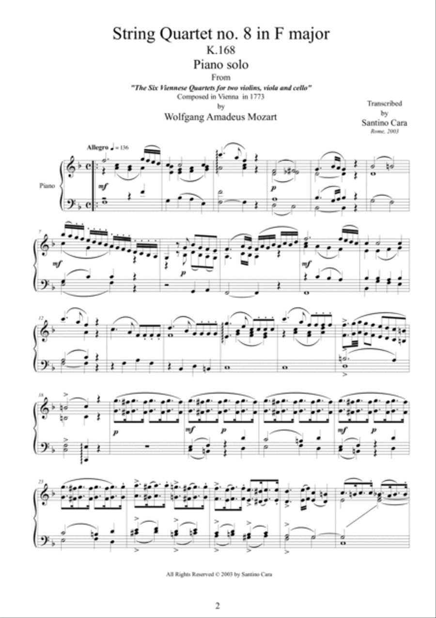 Mozart – Complete String quartet no.8 in F major K168 for piano solo Cello scores gallery preview page 2