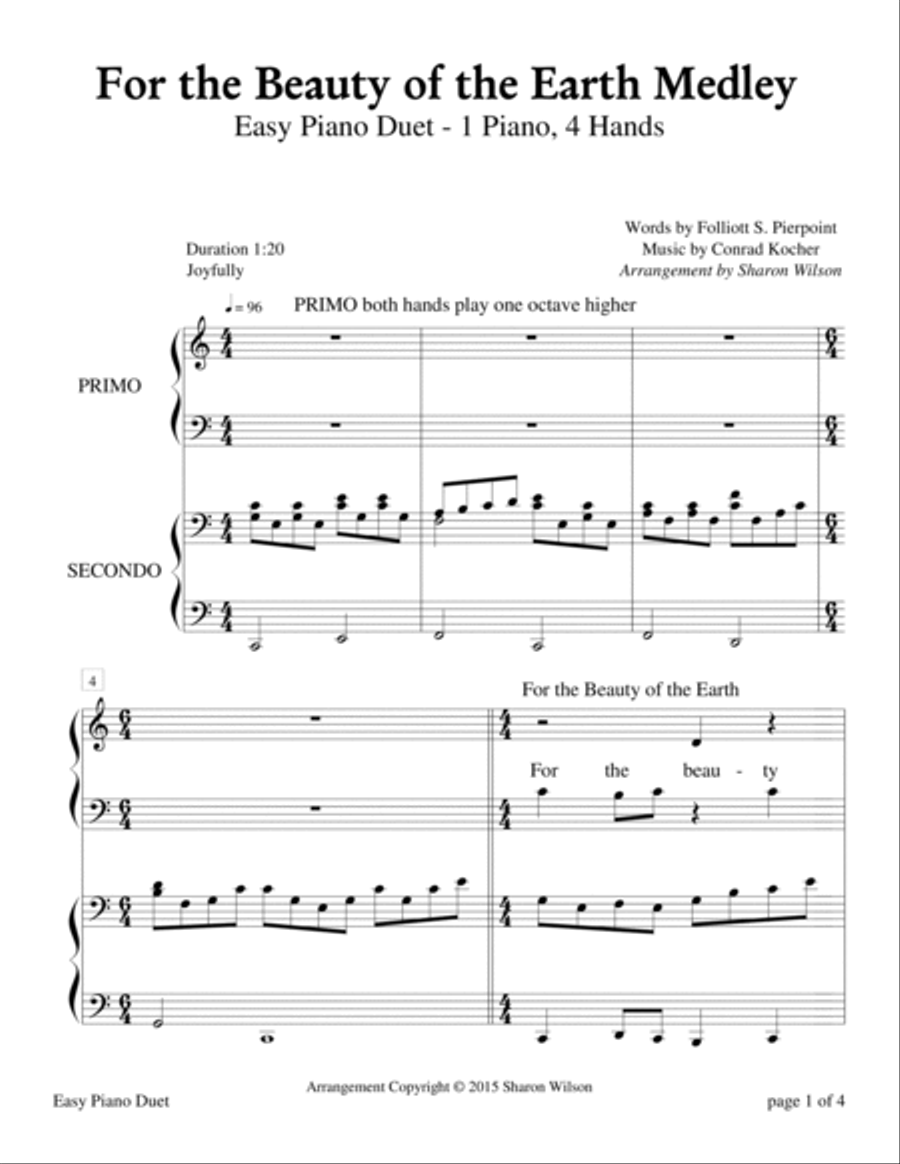 For the Beauty of the Earth Medley (Easy Piano Duet; 1 Piano, 4 Hands) Easy Piano scores gallery preview page 4