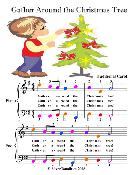 Gather Around the Christmas Tree Easy Piano Sheet Music with Colored Notation
