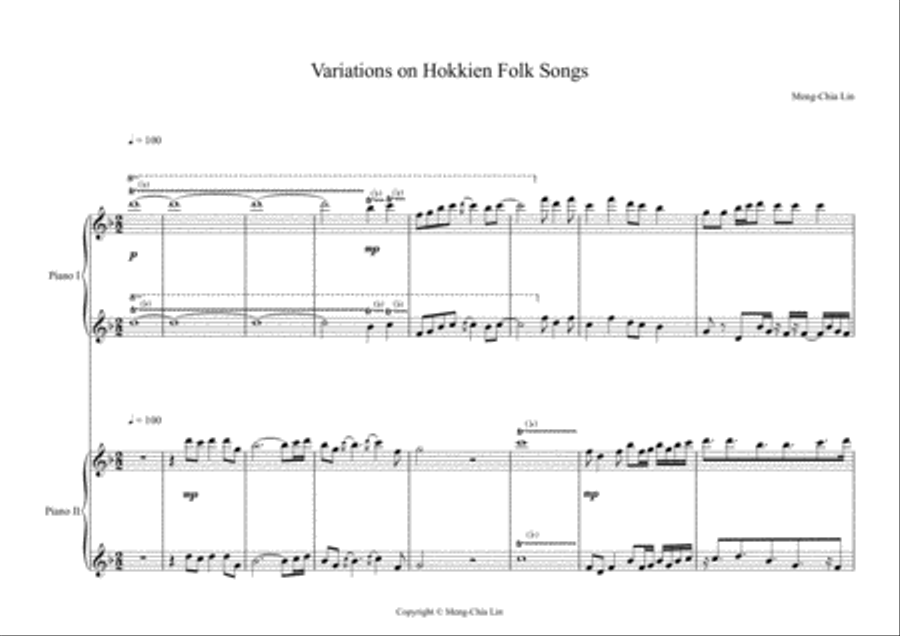 Variations on Hokkien Folk Songs 1 Piano, 4-Hands scores gallery preview page 1