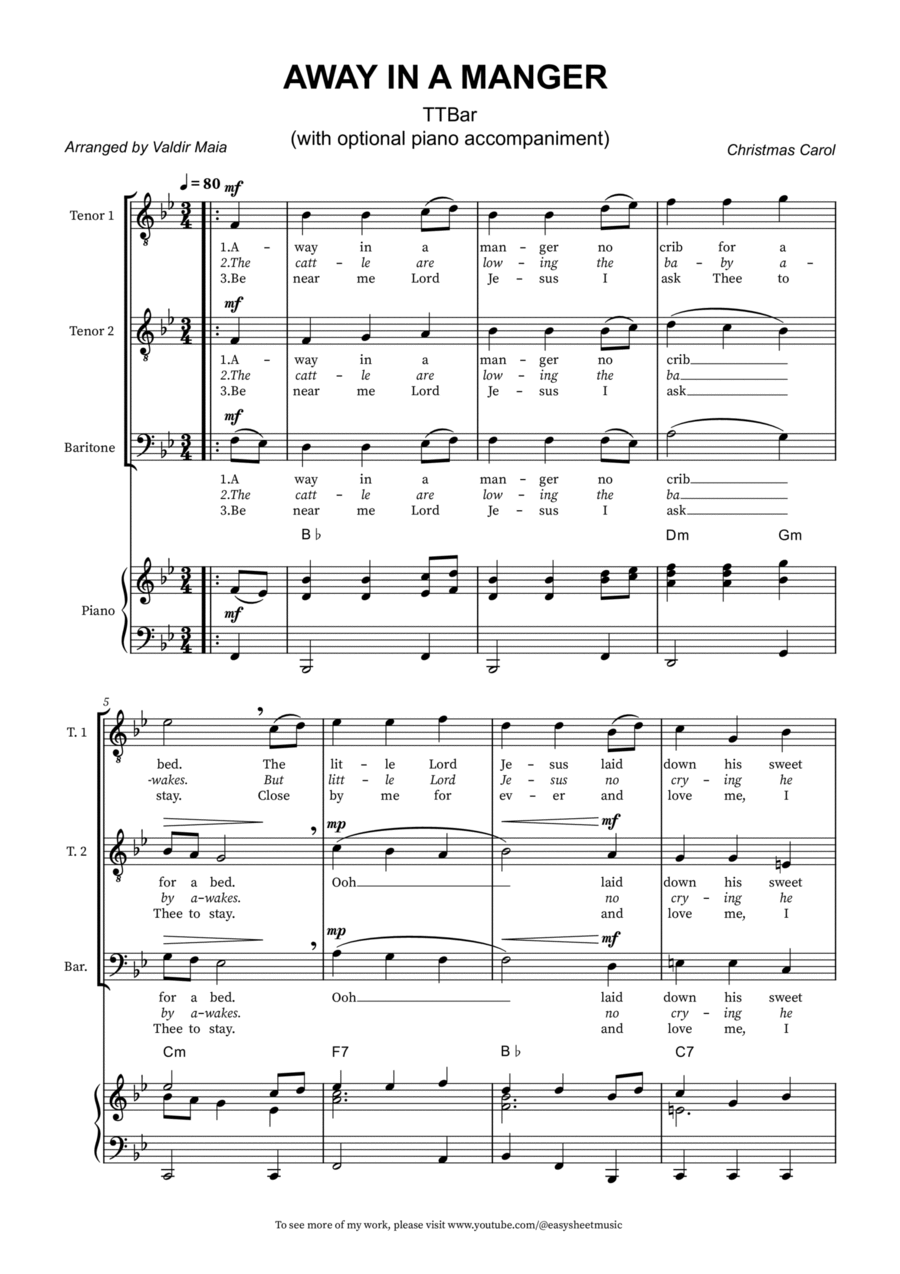 Away in a Manger – TTB Choir with Piano Accompaniment TTB scores gallery preview page 1