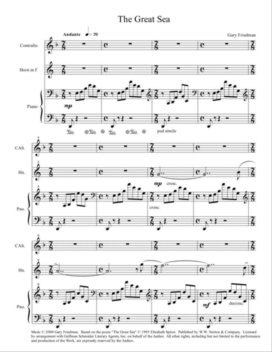 The Great Sea for contralto or mezzo-soprano, horn in F, and piano Small Ensemble scores gallery preview page 2
