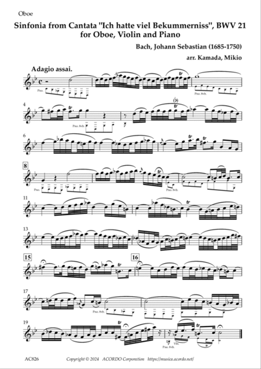 Sinfonia from Cantata "Ich hatte viel Bekummerniss", BWV 21 for Oboe, Violin and Piano image number null