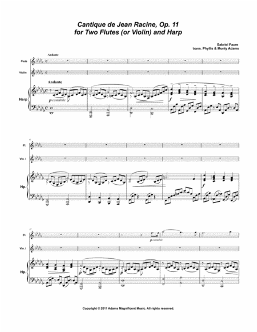 Cantique de Jean Racine Op.11 for 2 Flutes and Harp or Flute, Violin Harp (or Piano) Small Ensemble scores gallery preview page 2