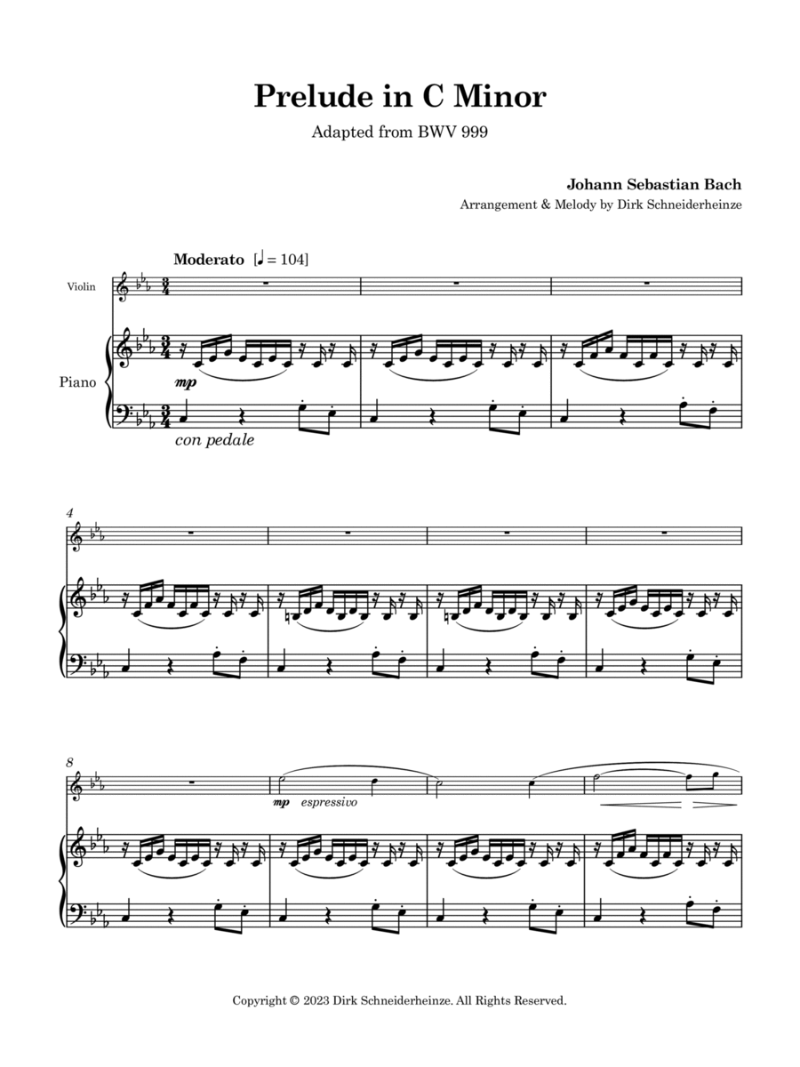 Prelude in C minor for Piano and Violin (after BWV 999) Chamber Music scores gallery preview page 1