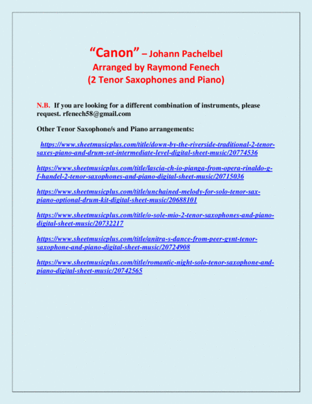 Canon - Johann Pachebel - 2 Tenor Saxes and Piano - Intermediate/Advanced Intermediate level image number null