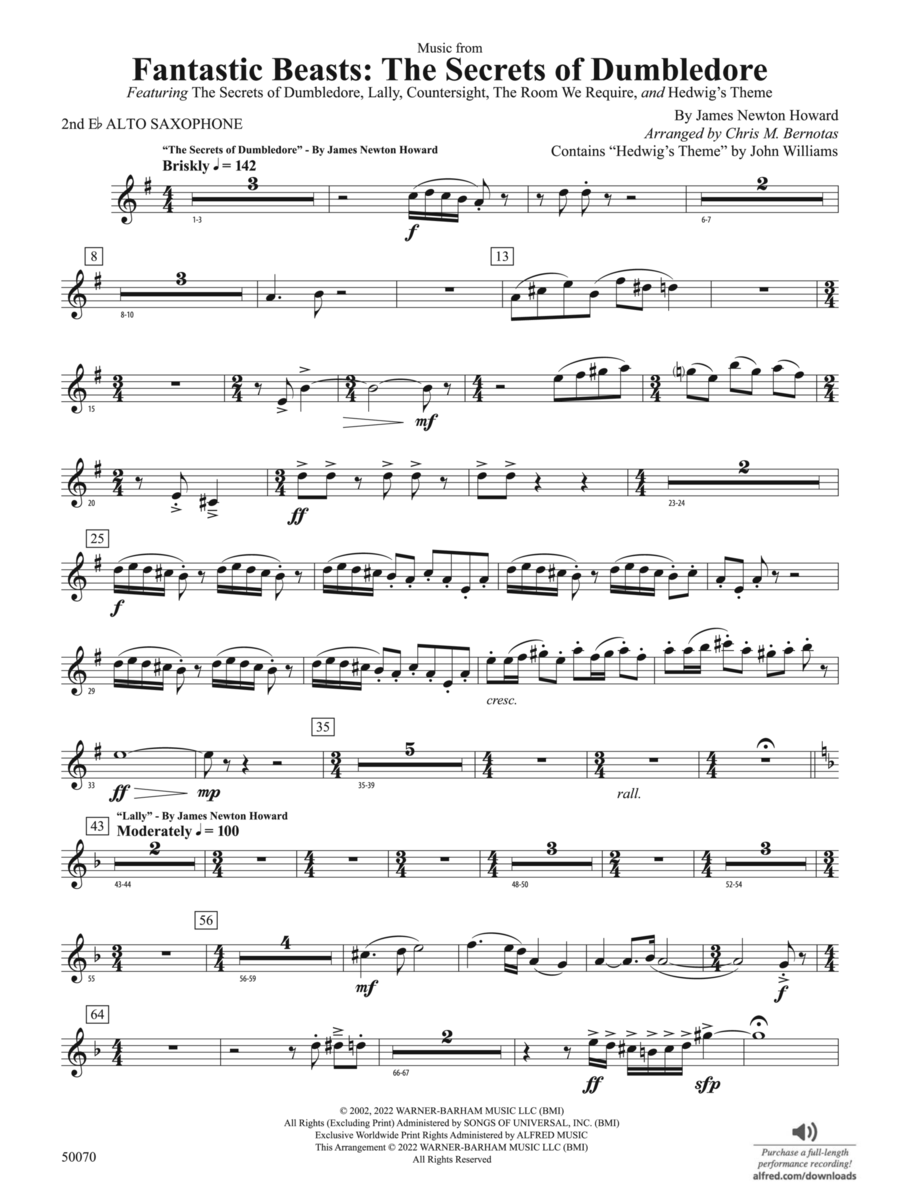 Fantastic Beasts: The Secrets of Dumbledore: 2nd E-flat Alto Saxophone Concert Band scores gallery preview page 1