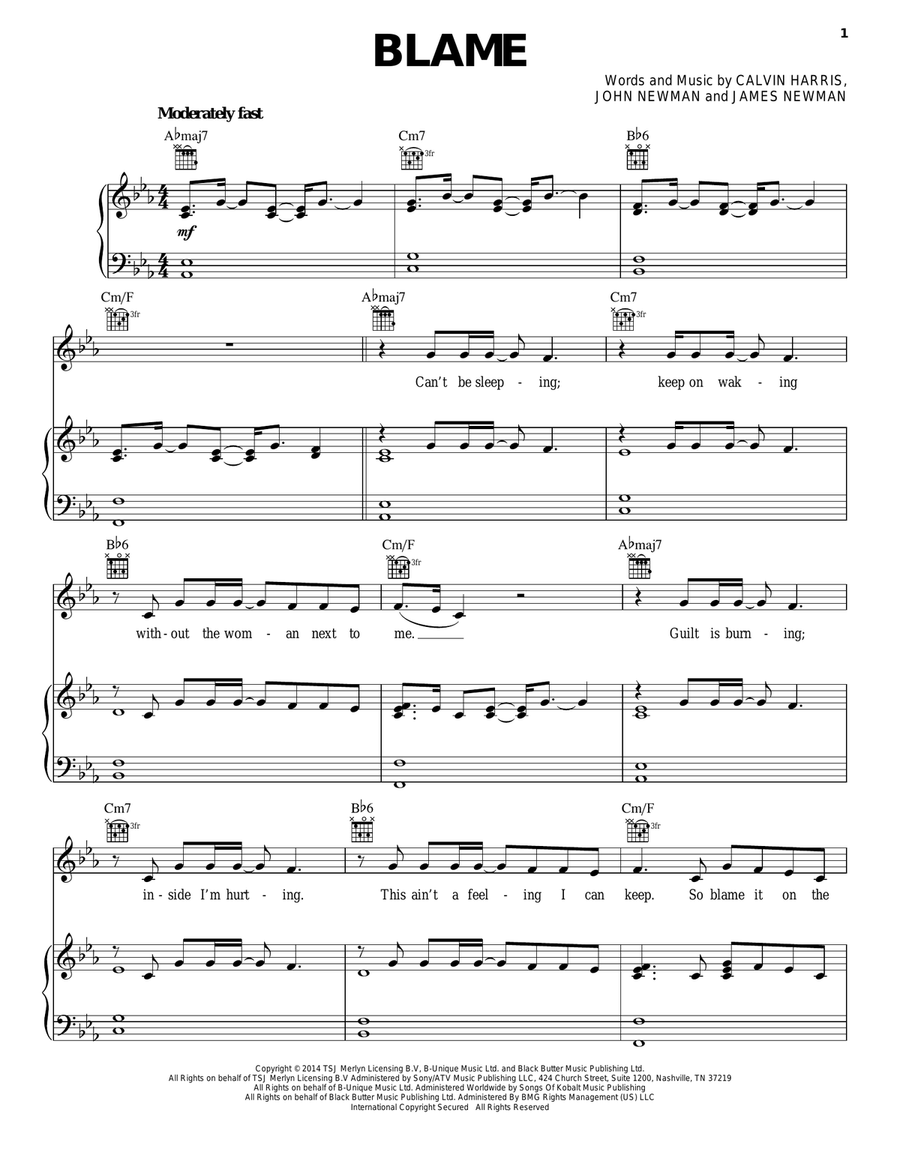 Blame (feat. John Newman) Piano, Vocal, Guitar scores gallery preview page 1