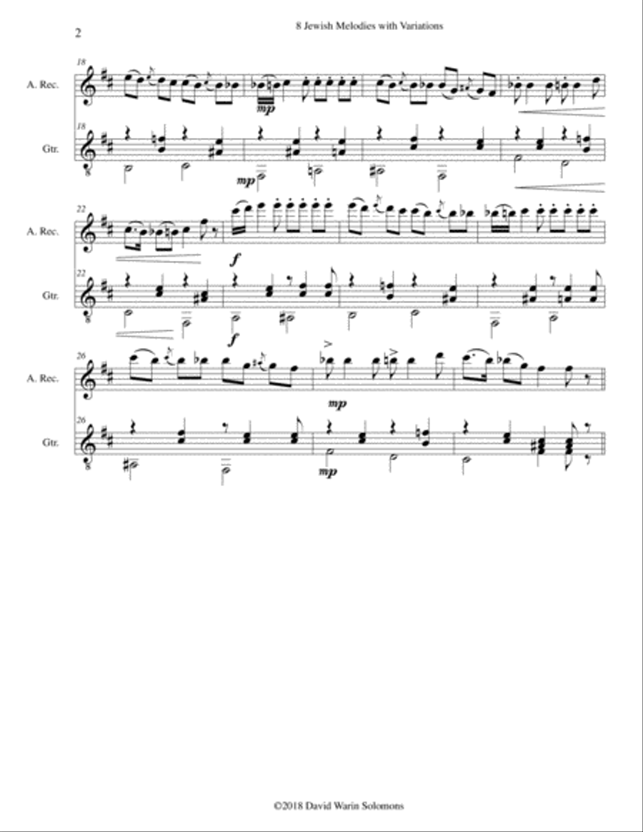 8 Jewish Melodies with Variations for alto recorder and guitar Alto Recorder scores gallery preview page 2