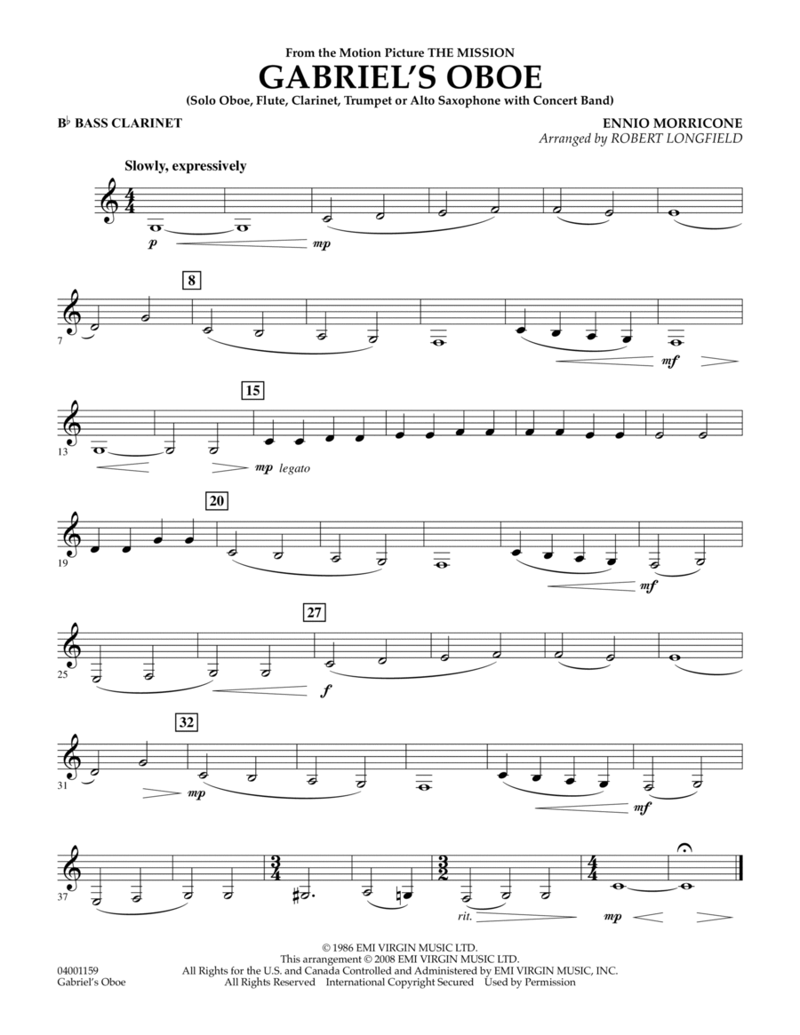 Gabriel's Oboe (from The Mission) - Bb Bass Clarinet Concert Band scores gallery preview page 1