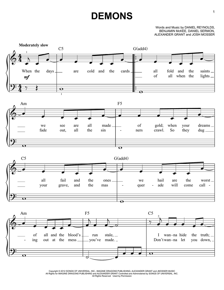 Demons Easy Piano scores gallery preview page 1