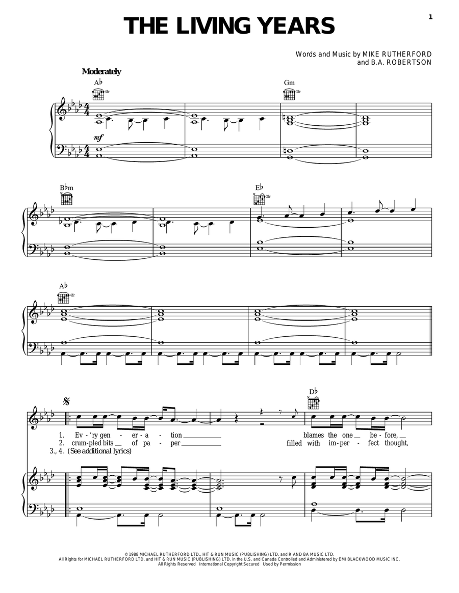 The Living Years Piano, Vocal, Guitar scores gallery preview page 1
