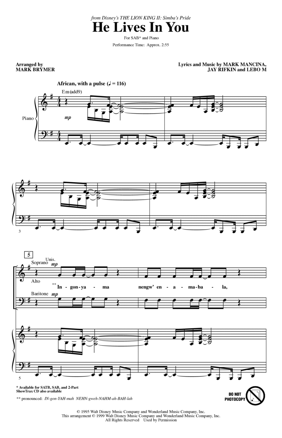 He Lives In You (from The Lion King II: Simba's Pride) (arr. Mark Brymer) 3-Part scores gallery preview page 1