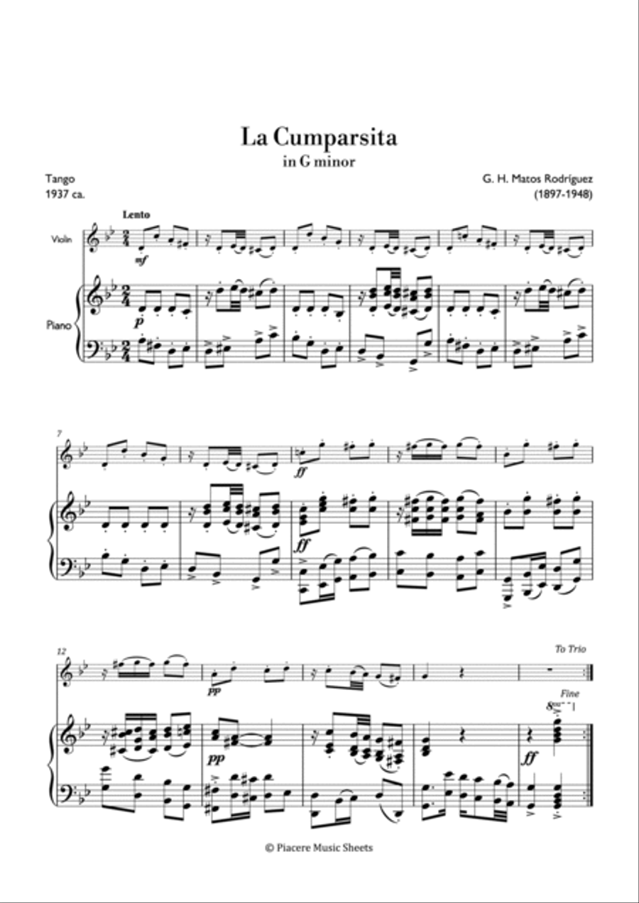 Matos Rodríguez - La Cumparsita in G Minor - Intermediate Violin Solo scores gallery preview page 2