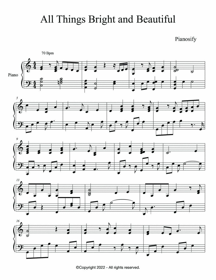 PIANO - All Things Bright and Beautiful (Piano Hymns Sheet Music PDF)