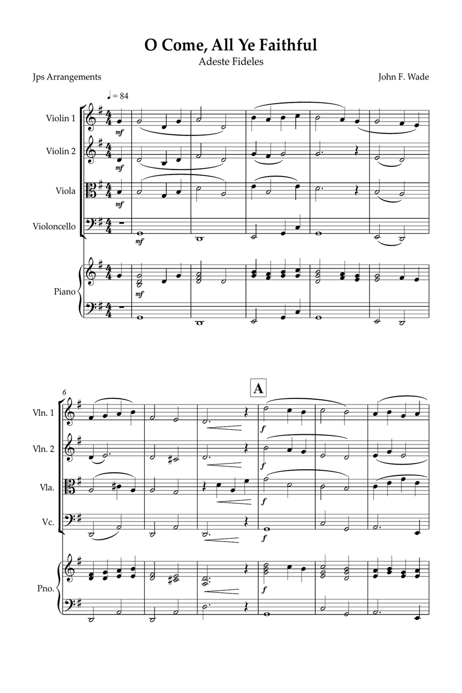 O Come, All Ye Faithful for String quartet and piano String Quartet scores gallery preview page 1