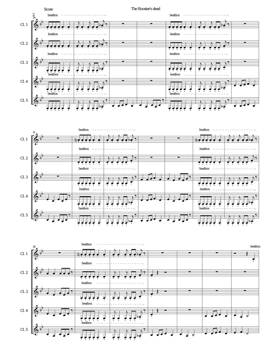 The Rooster's Dead (Le coq est mort) canon for 5 clarinets with beatboxing Clarinet Quintet scores gallery preview page 2