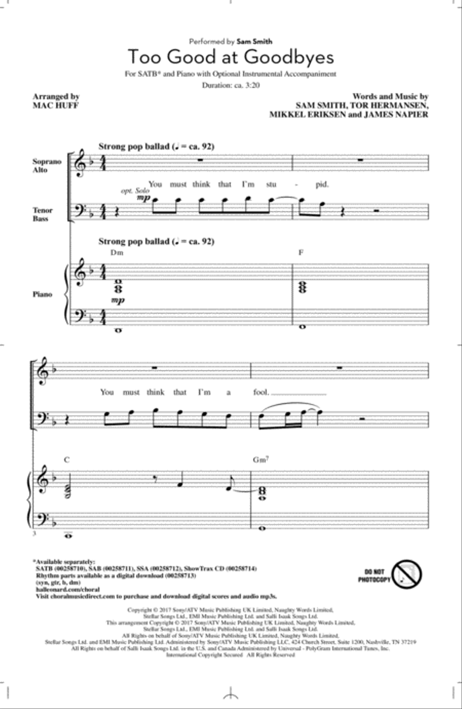 Too Good At Goodbyes 4-Part scores gallery preview page 1