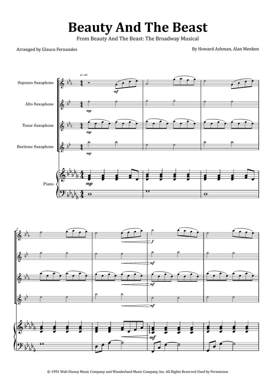 Beauty And The Beast Saxophone Quartet scores gallery preview page 1