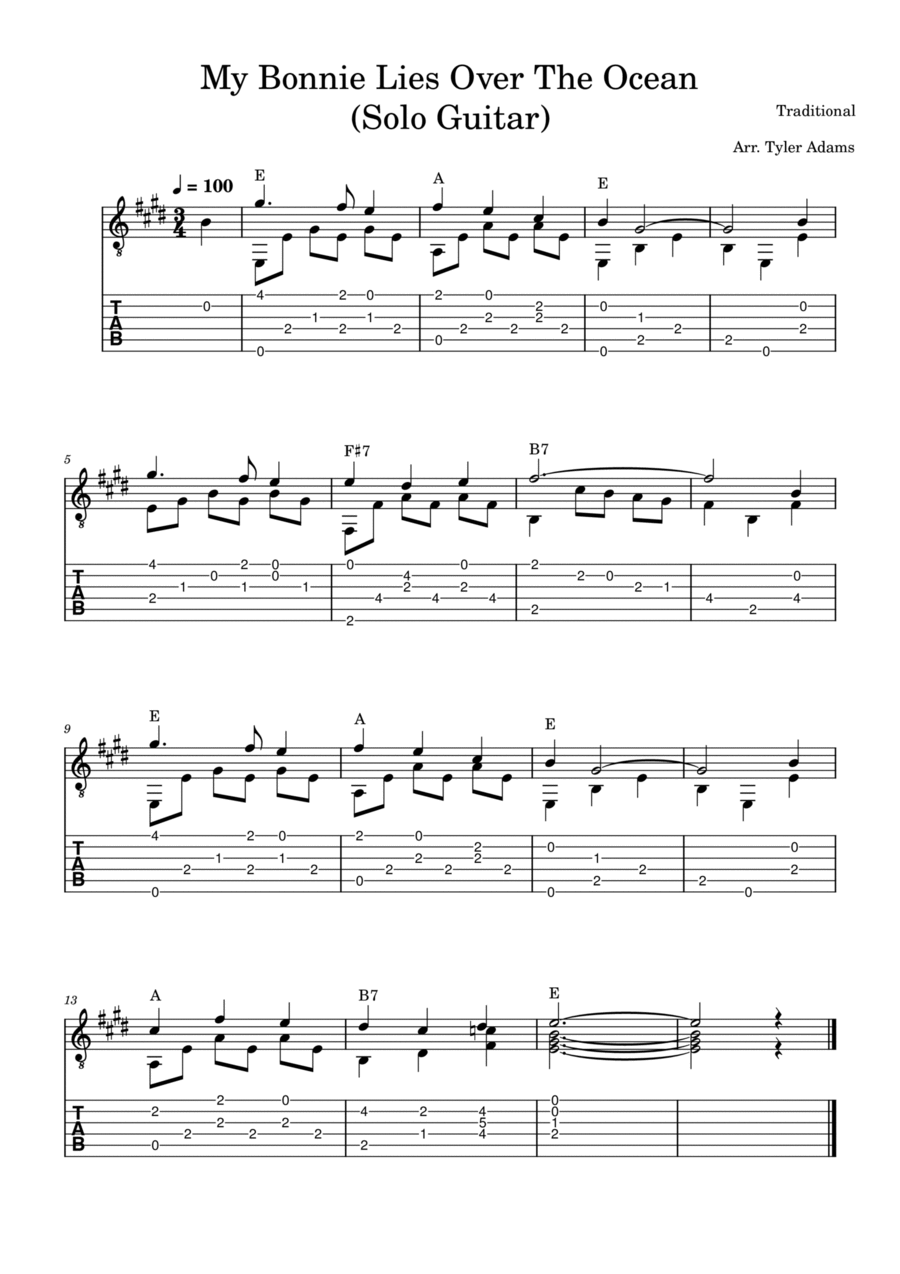 My Bonnie Lies Over The Ocean (Intermediate Solo Guitar) Acoustic Guitar scores gallery preview page 1