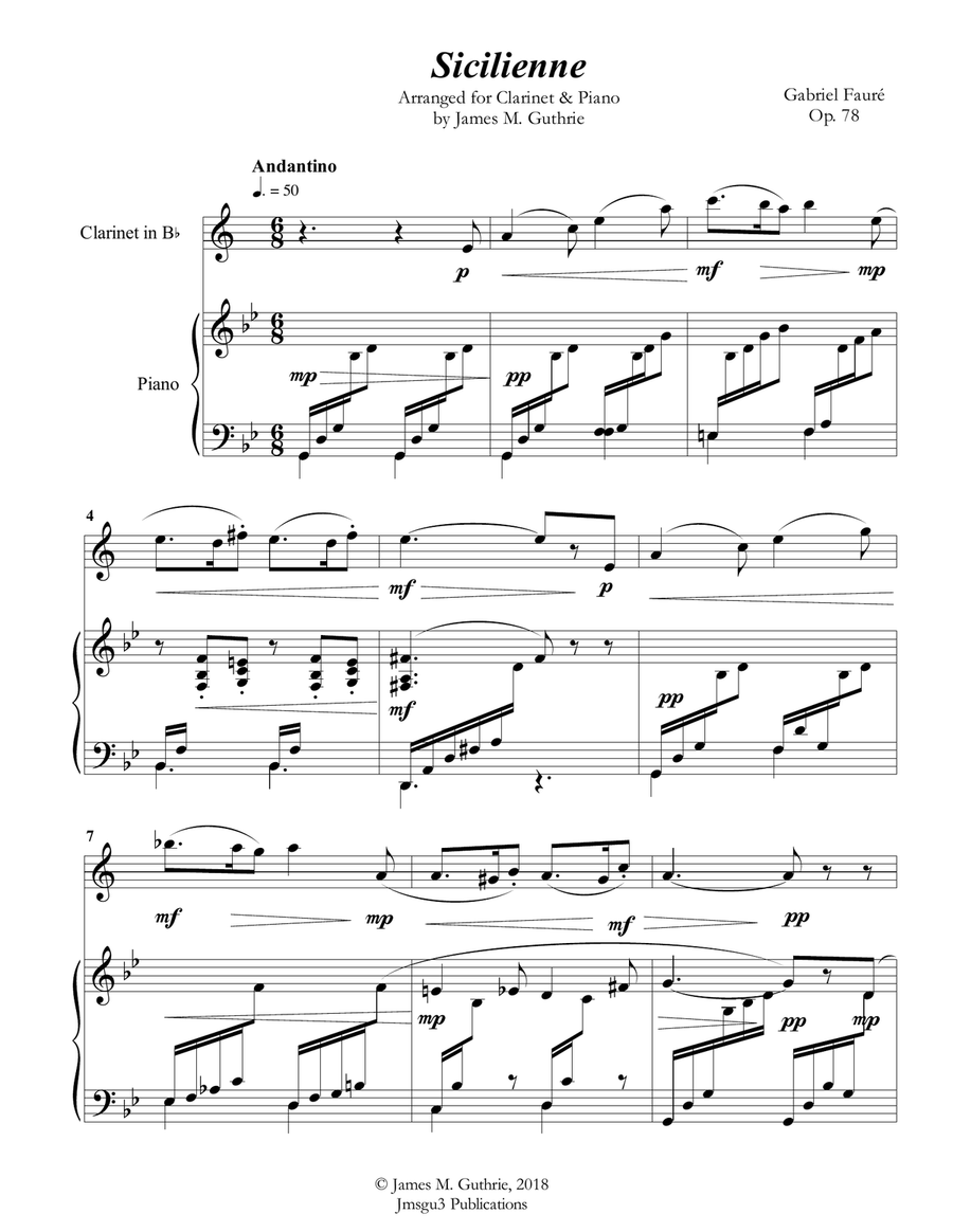 Fauré: Sicilienne for Clarinet & Piano B-Flat Clarinet scores gallery preview page 2