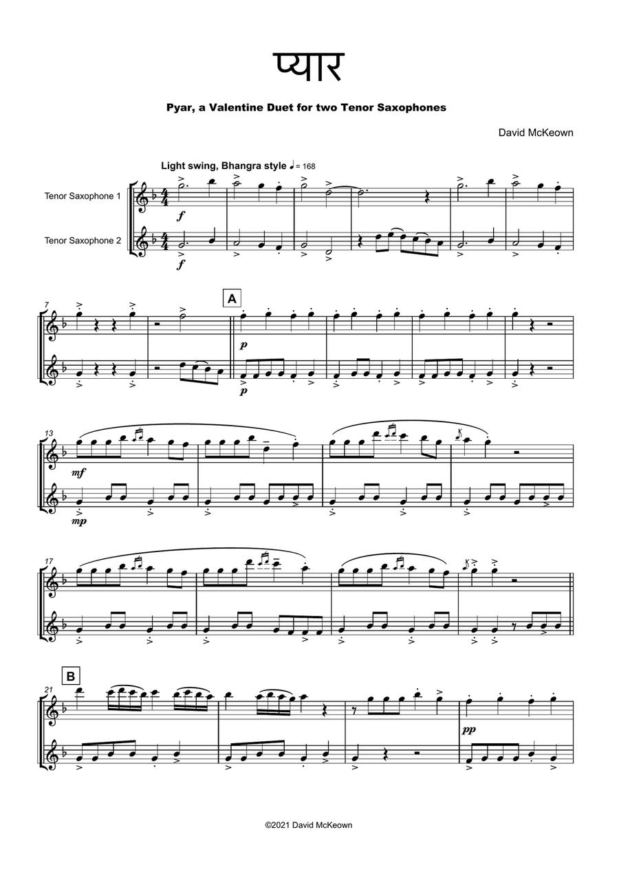 Pyar Hindi for Love Tenor Saxophone Duet by David