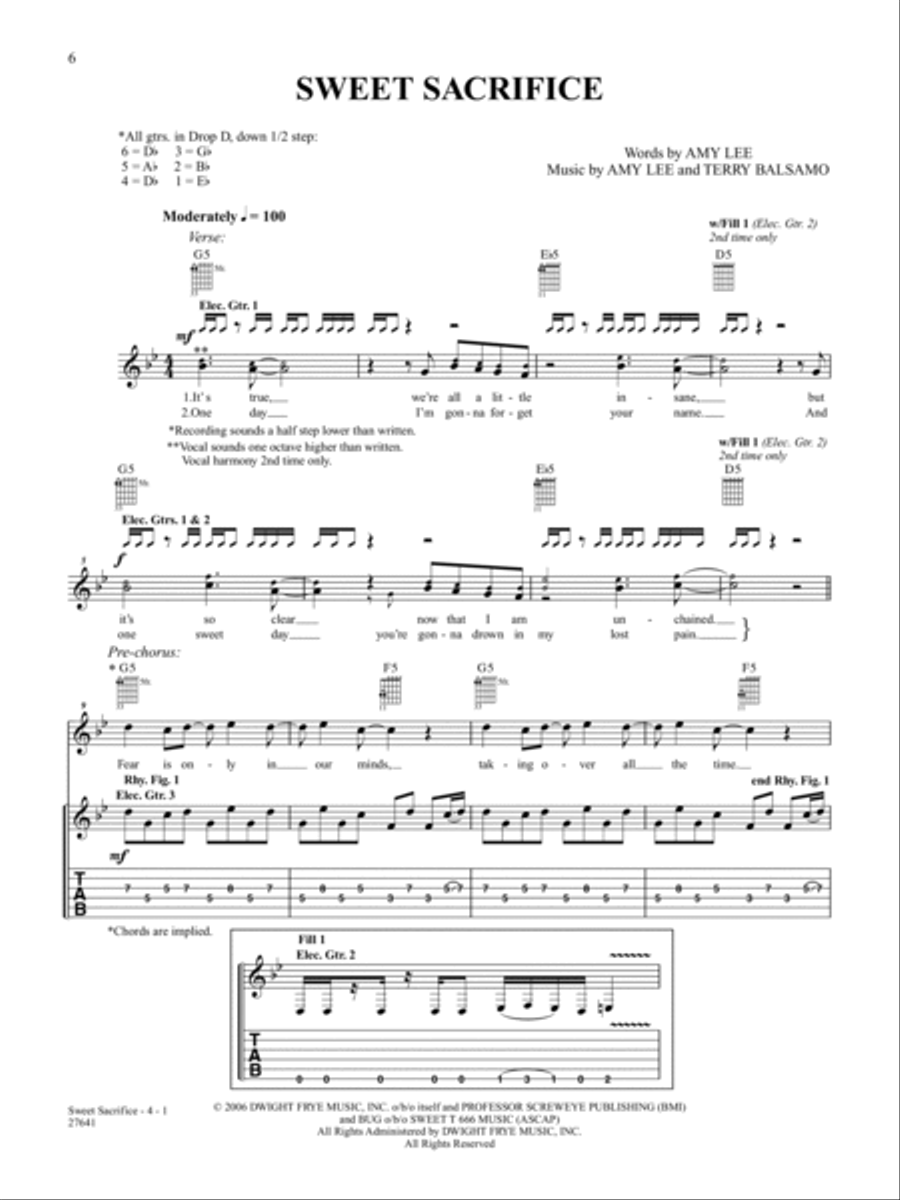Sweet Sacrifice Sweet Sacrifice Guitar Tablature scores gallery preview page 1