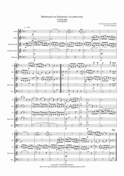 Mozart: Balletmusik zur Pantomime "Les petits riens" K299b K.anh10 No.12 Gavotte - wind quintet image number null