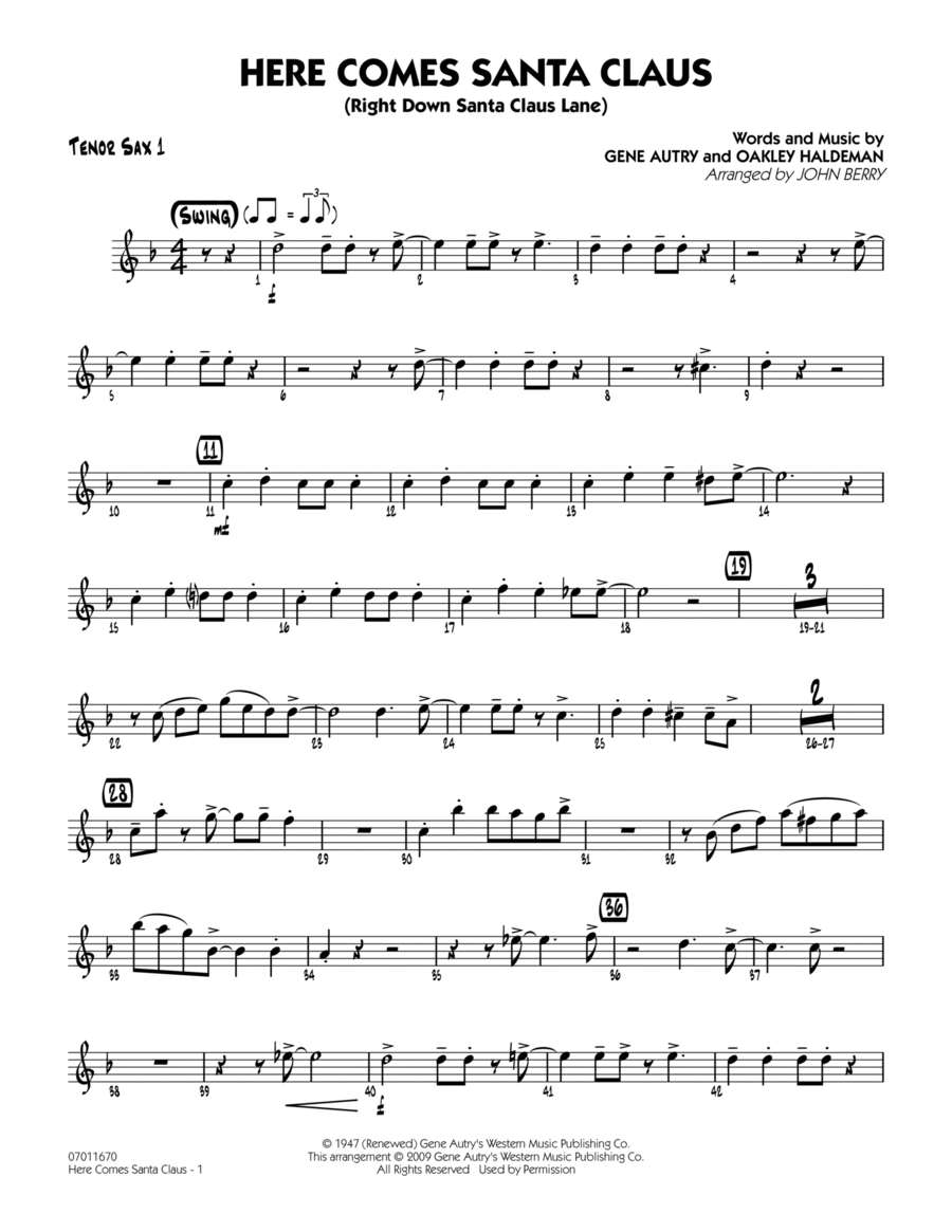 Here Comes Santa Claus (Right Down Santa Claus Lane) - Tenor Sax 1 Tenor Saxophone scores gallery preview page 1