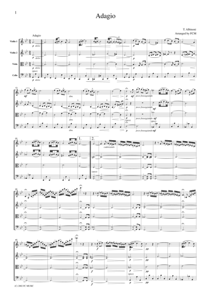 Albinoni Adagio in g, for string quartet, CA001 by Tomaso Giovanni Albinoni String Quartet - Digital Sheet Music