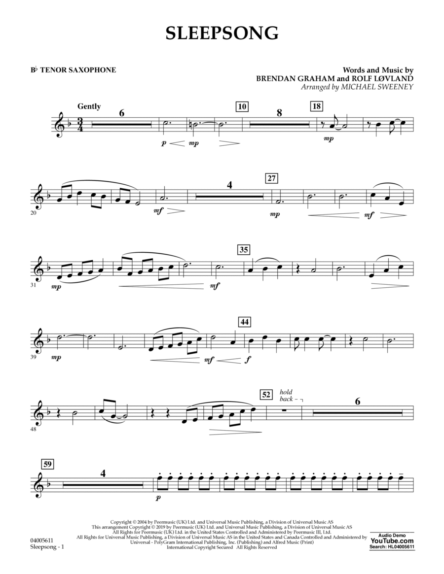 Sleepsong (arr. Michael Sweeney) - Bb Tenor Saxophone