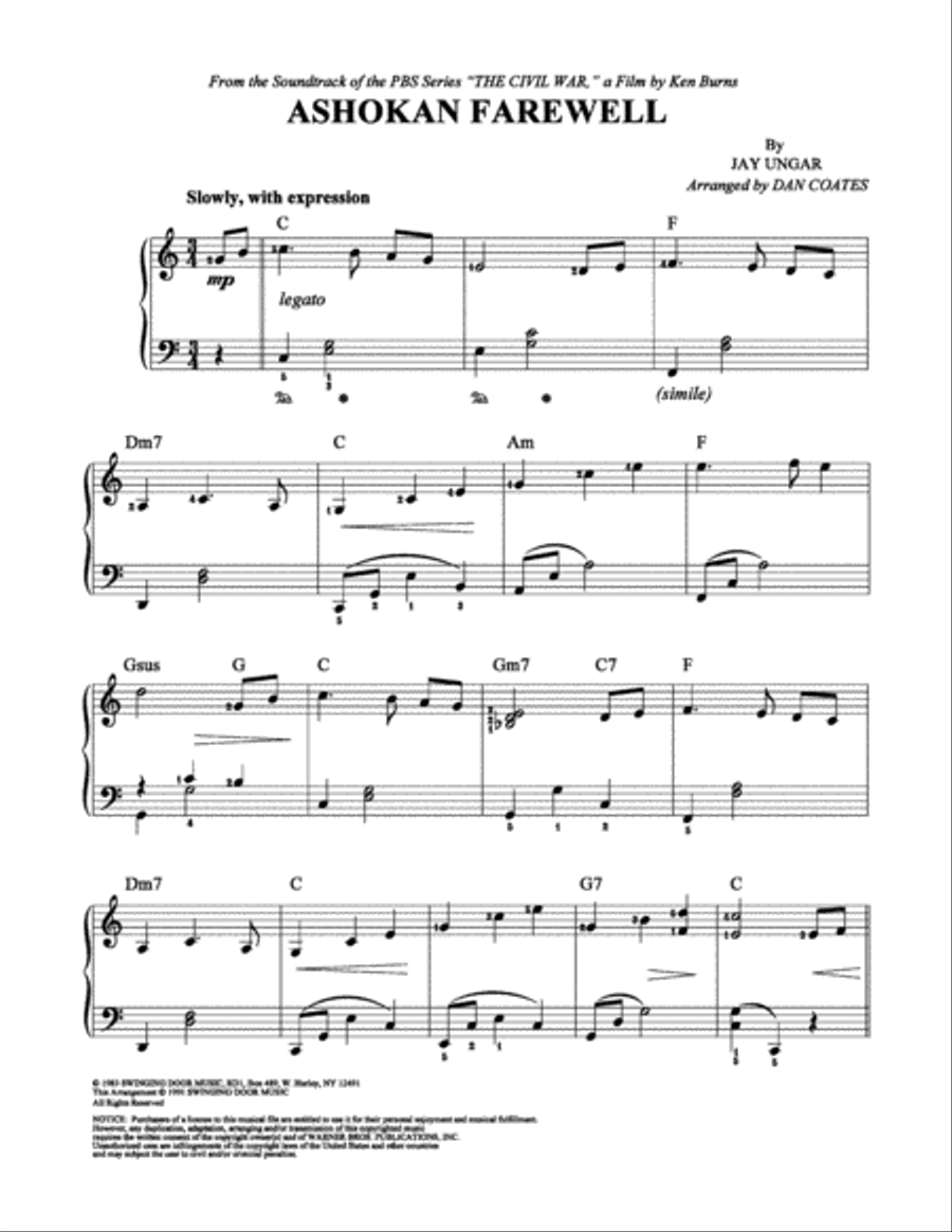 Ashokan Farewell Easy Piano scores gallery preview page 1