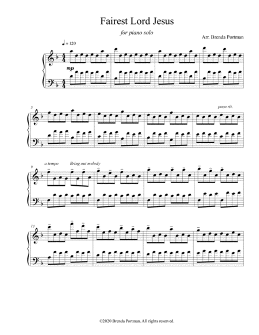 Fairest Lord Jesus (piano solo), arr. Brenda Portman Piano Solo scores gallery preview page 1