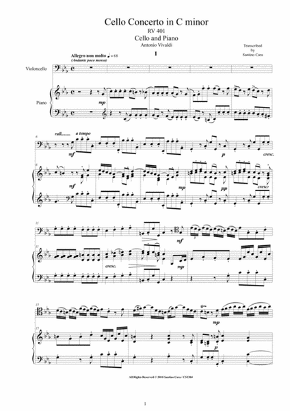 Vivaldi - Cello Concerto in C minor RV 401 for Cello and Piano image number null
