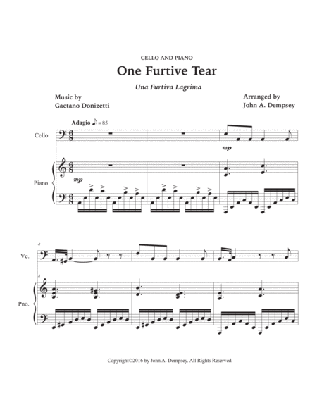 One Furtive Tear (Una Furtiva Lagrima): Cello and Piano image number null