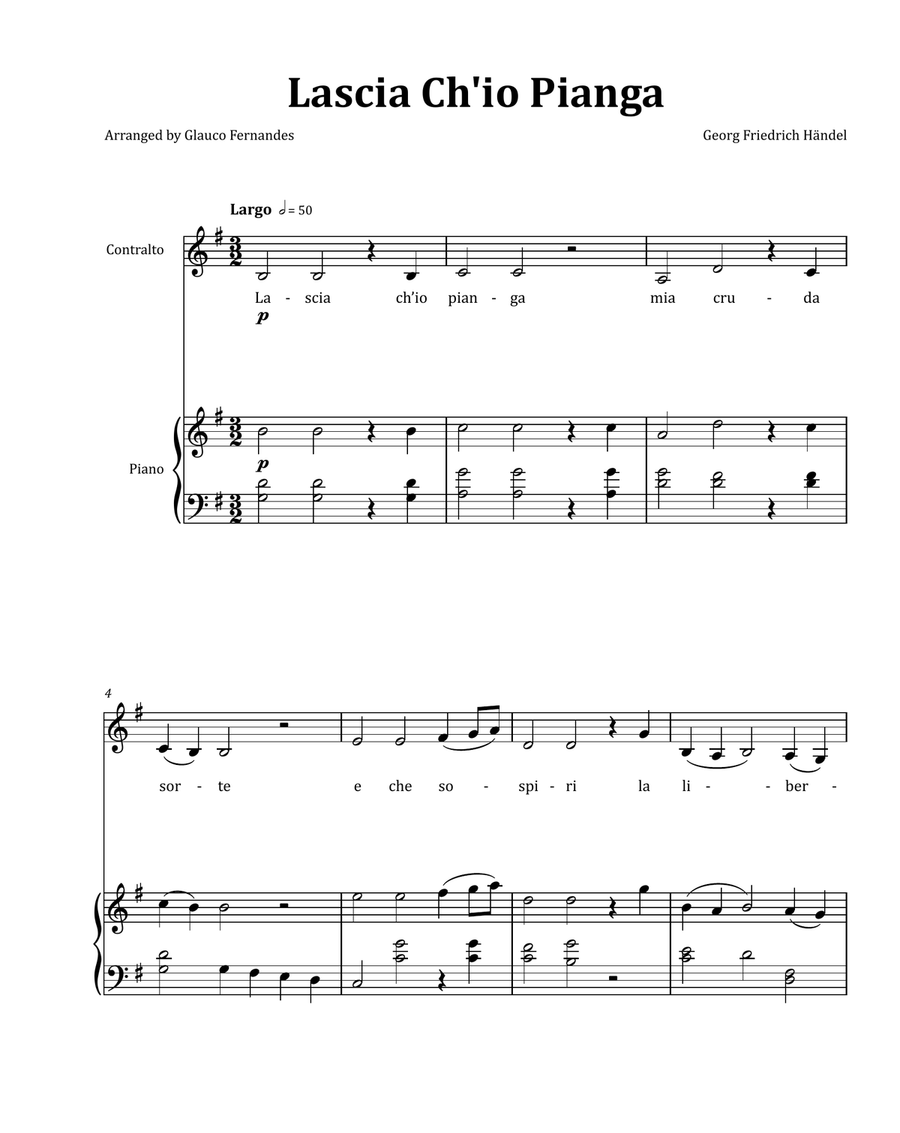 Lascia Ch'io Pianga by Händel - Contralto & Piano in G Major Chamber Music scores gallery preview page 1