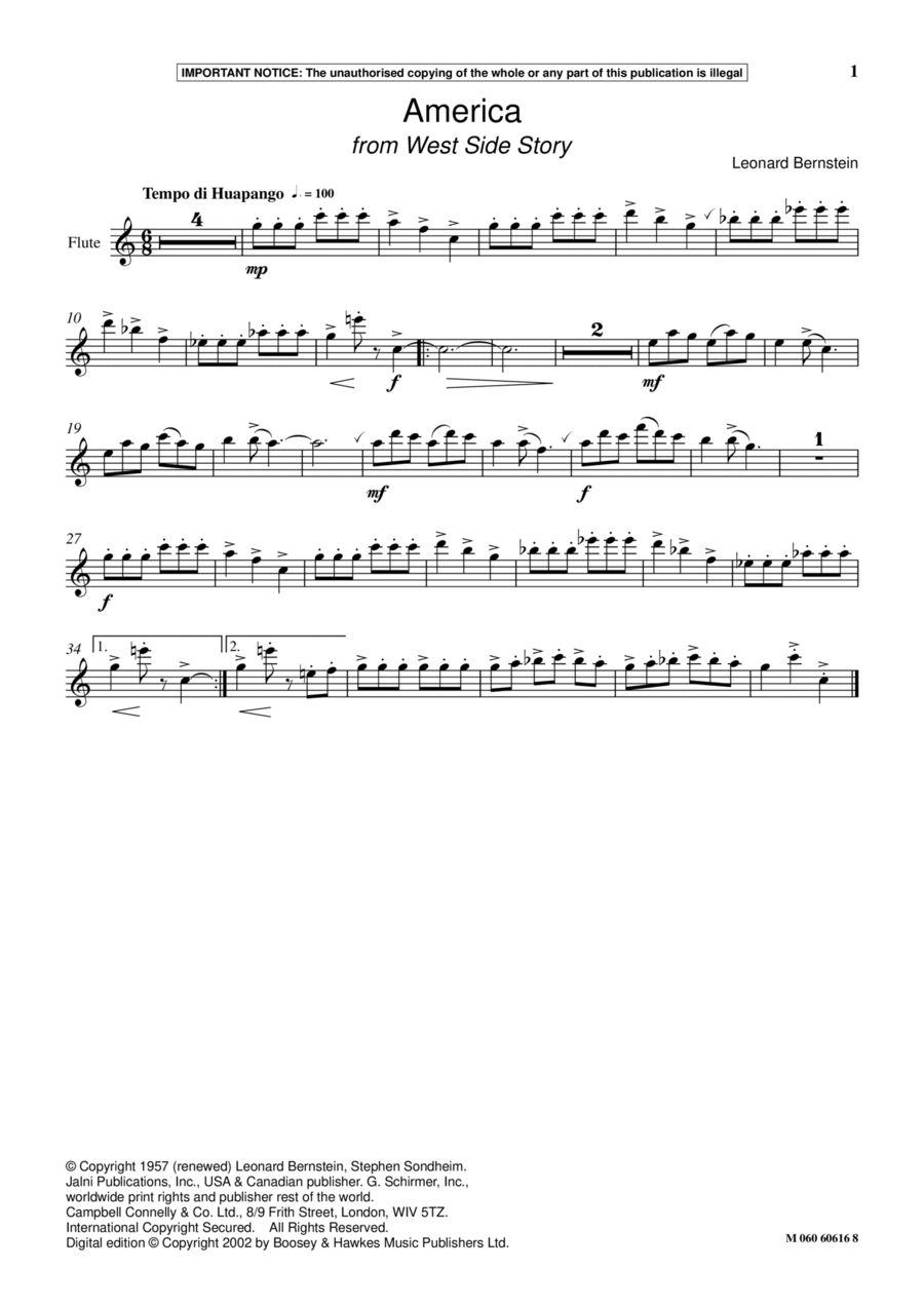 America (from West Side Story) Flute Solo scores gallery preview page 1