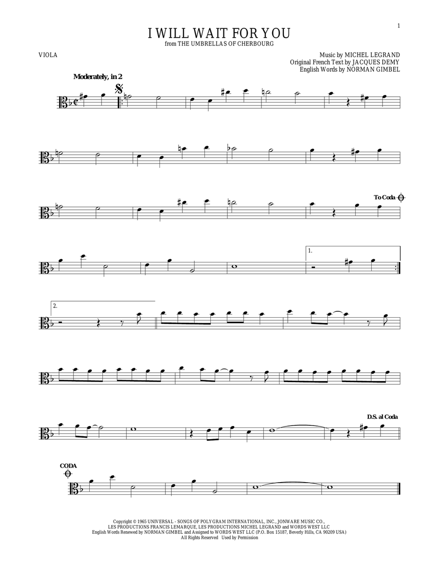 I Will Wait For You Viola Solo scores gallery preview page 1