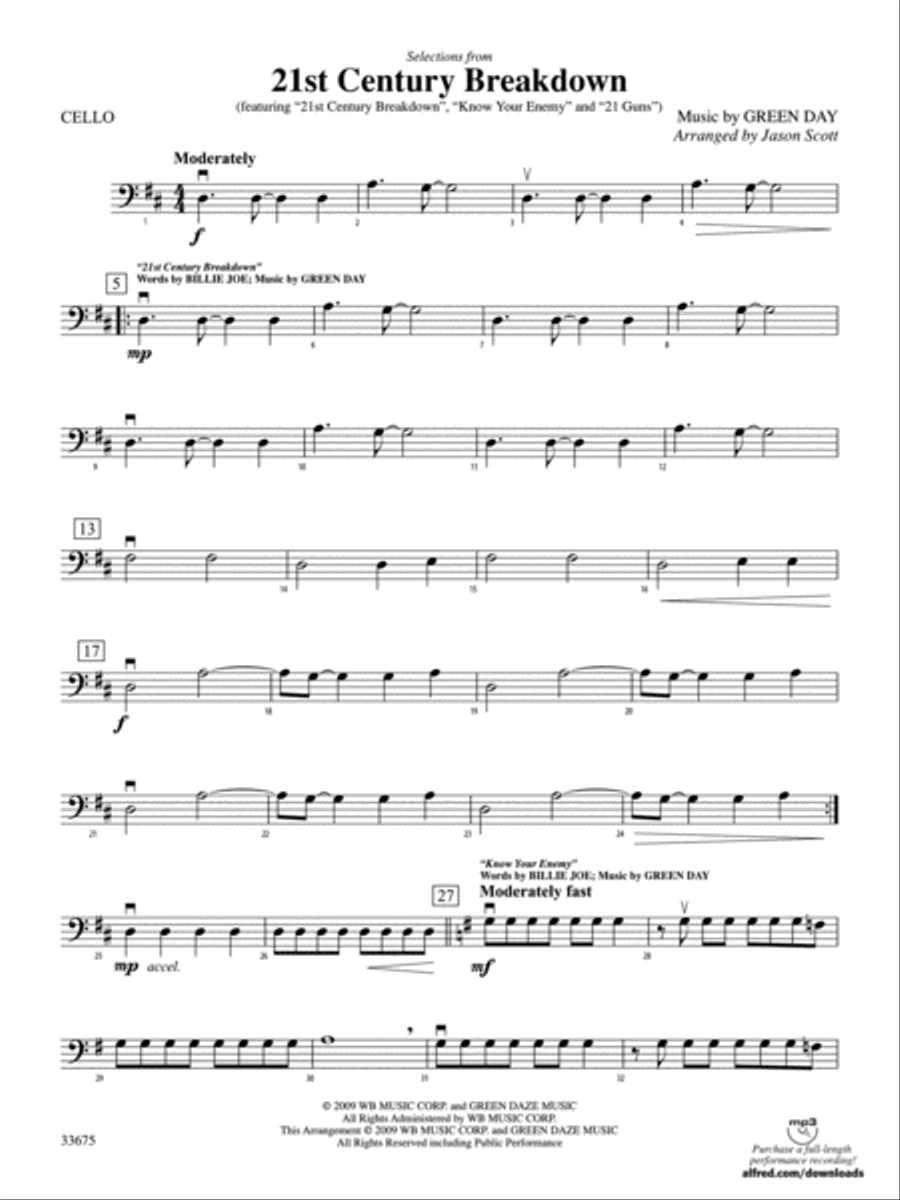 21st Century Breakdown, Selections from: Cello String Orchestra scores gallery preview page 1