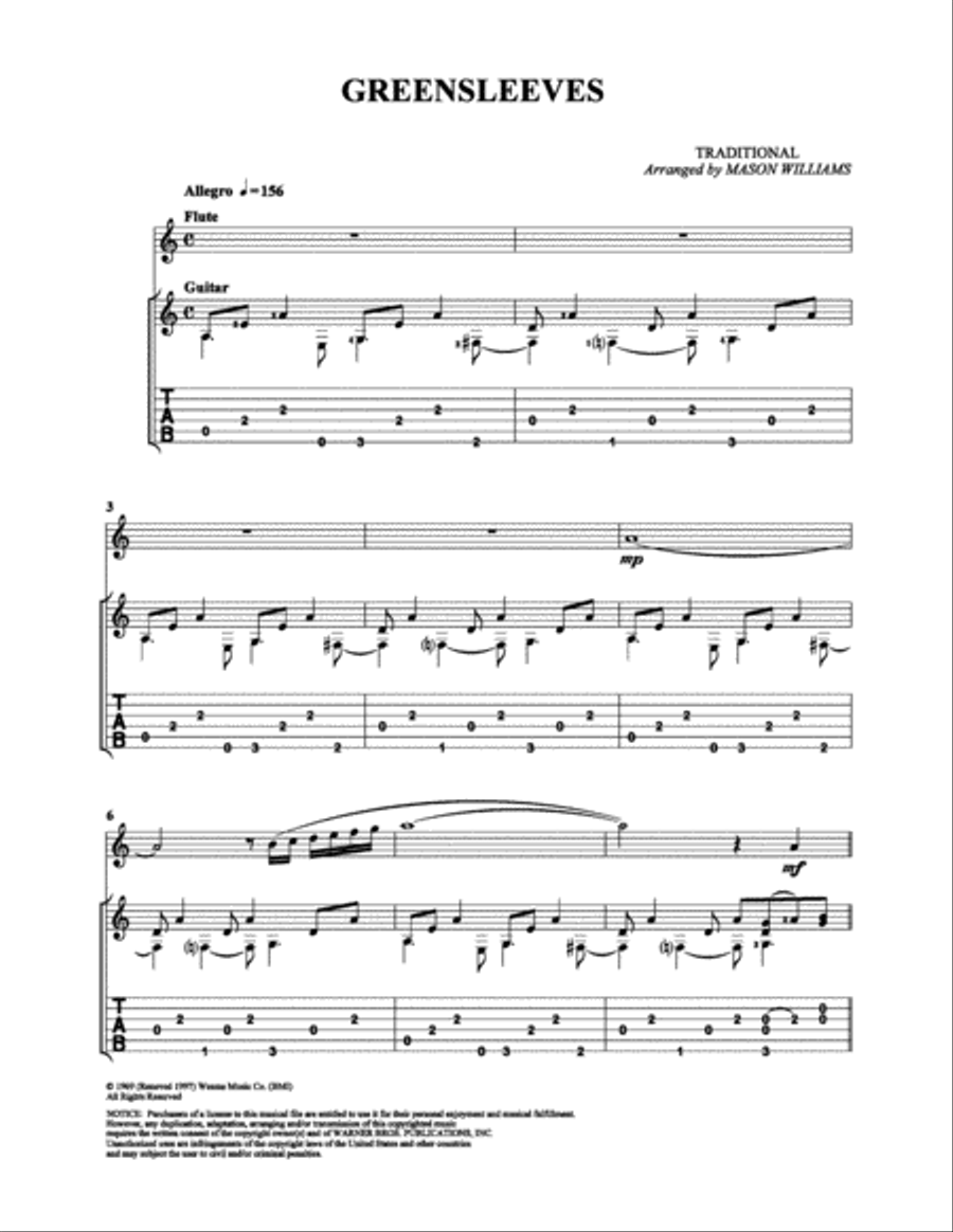 Greensleeves Greensleeves Guitar Tablature scores gallery preview page 1
