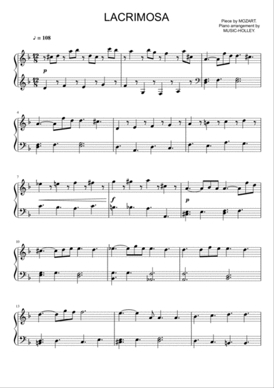 Mozart - Lacrimosa (easy piano sheet) Piano Method scores gallery preview page 1