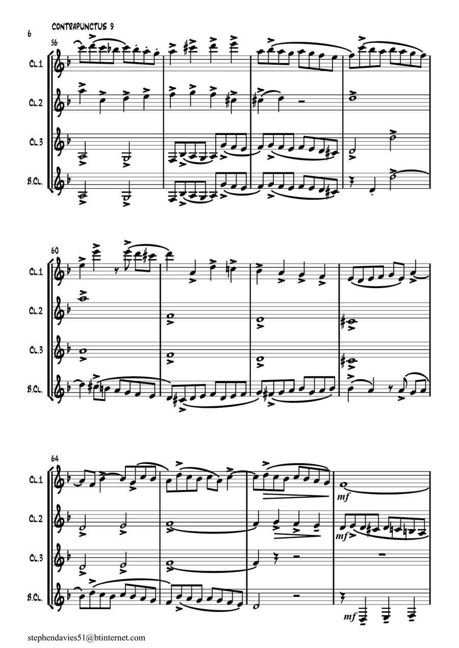 'Contrapunctus 9' By J.S.Bach BWV 1080 from 'The Art of the Fugue' for Clarinet Quartet. Clarinet Quartet scores gallery preview page 6