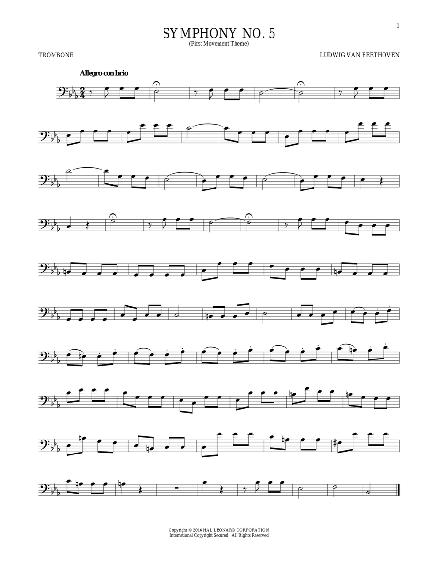 Symphony No. 5 In C Minor, First Movement Excerpt Trombone Solo scores gallery preview page 1
