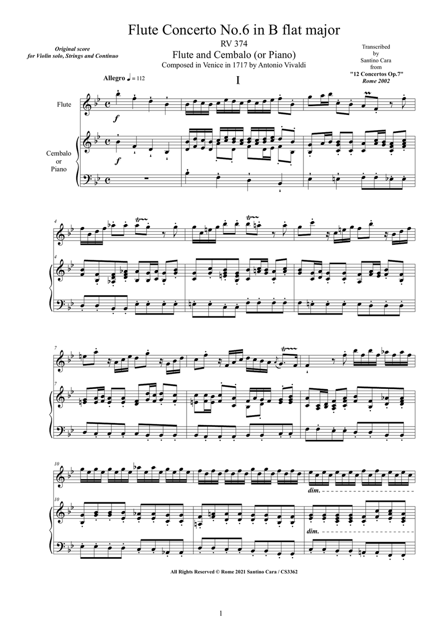 Vivaldi - Flute Concerto No.6 in B flat major RV 374 Op.7 for Flute and Cembalo (or Piano) image number null