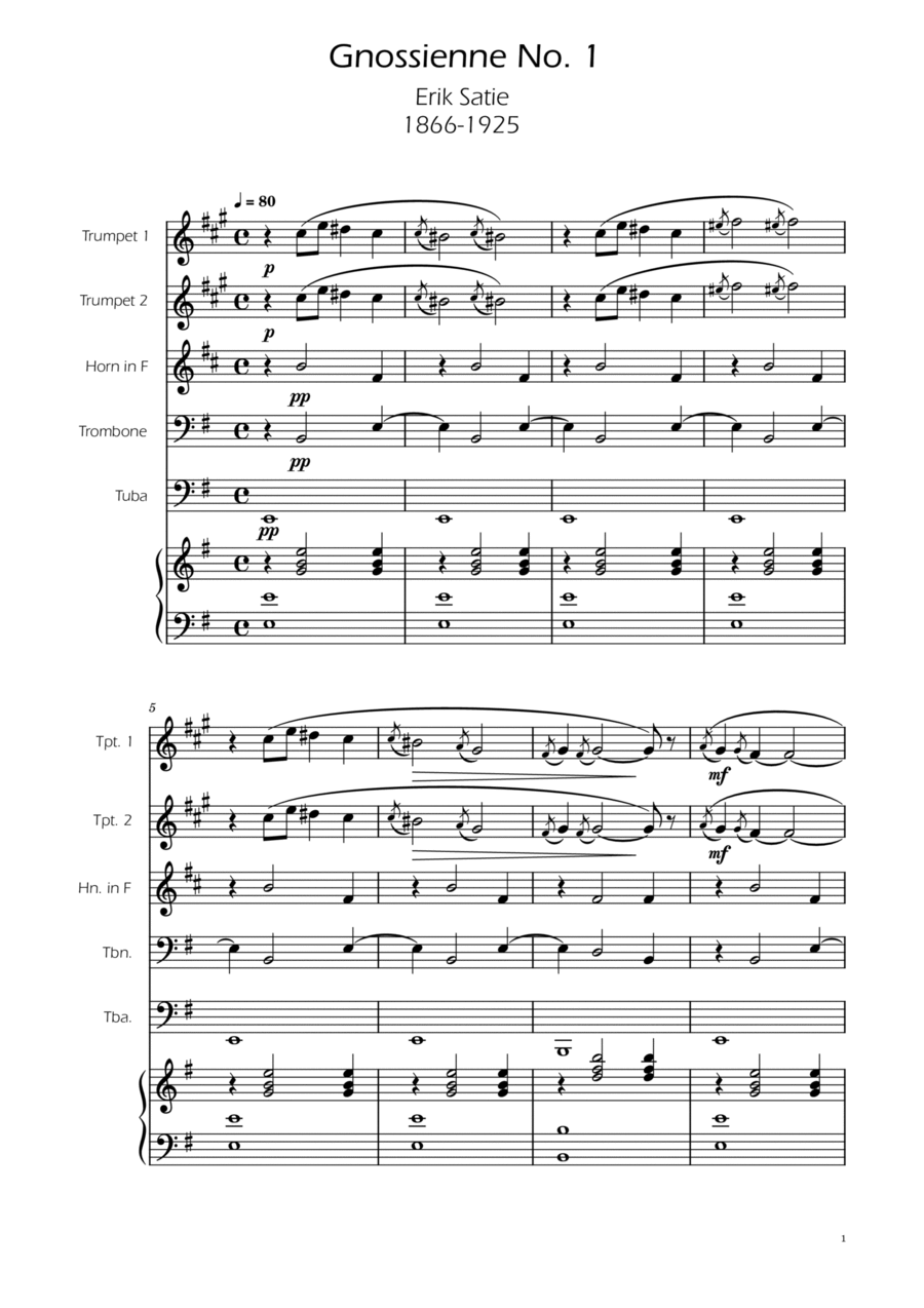 Erik Satie - Gnosienne no1 - Brass Quintet w/ Piano Brass Quintet scores gallery preview page 1
