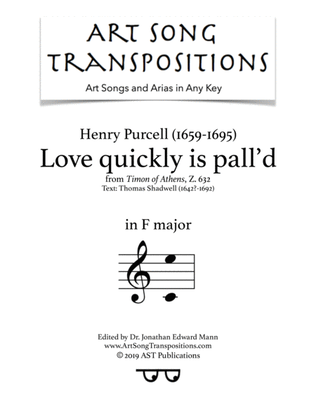 Book cover for PURCELL: Love quickly is pall'd (transposed to F major)