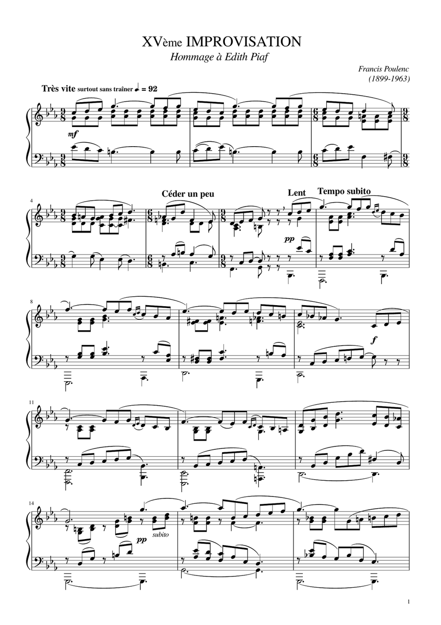 Poulenc - 10 Improvisations, FP 63 No.15 in C Minor “Hommage à Edith Piaf” - Original For Piano Solo Piano Solo scores gallery preview page 1