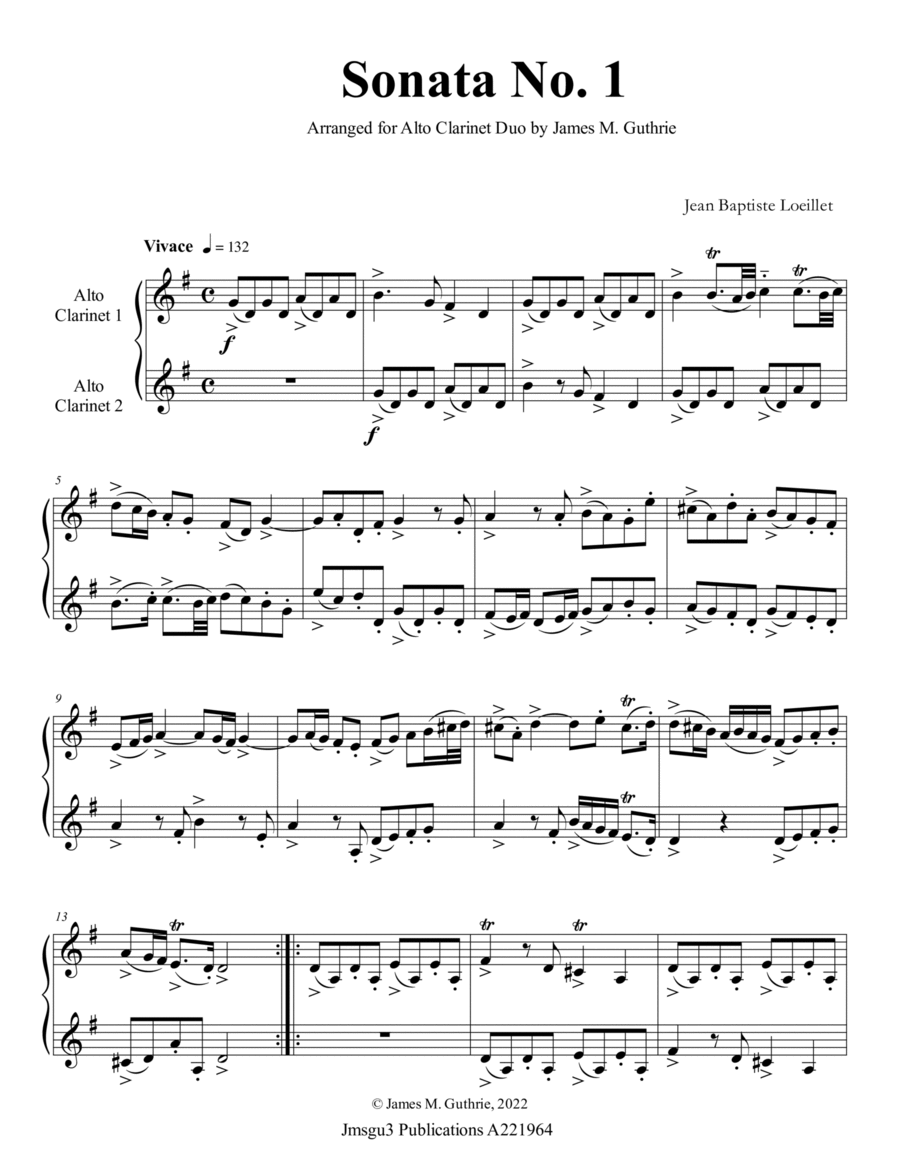 Loeillet: Six Sonatas Op. 5 No. 2 Complete for Alto Clarinet Duo Clarinet Duet scores gallery preview page 1